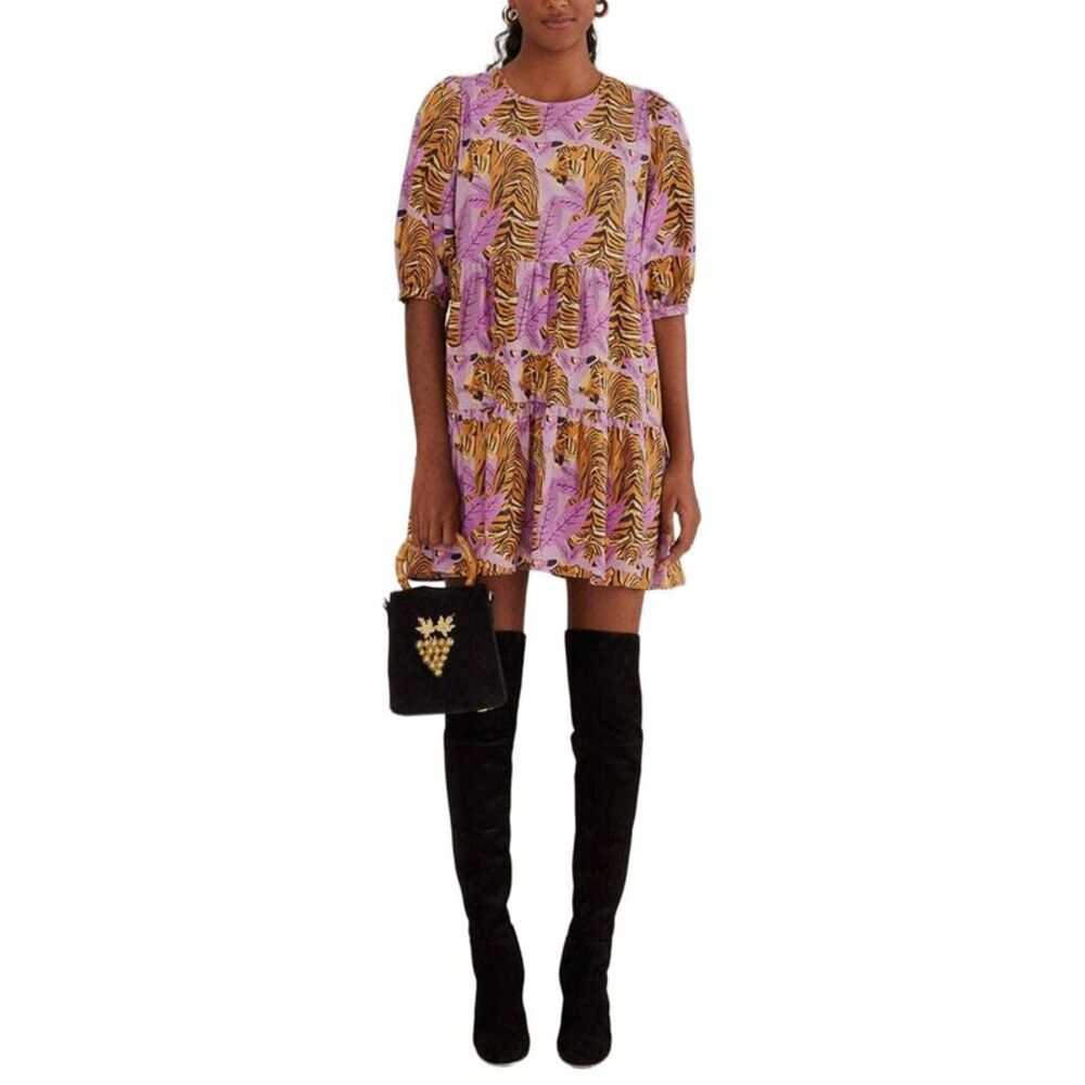 Farm Rio Womens Tiger Leaves Lavender Puff Sleeve Mini Dress